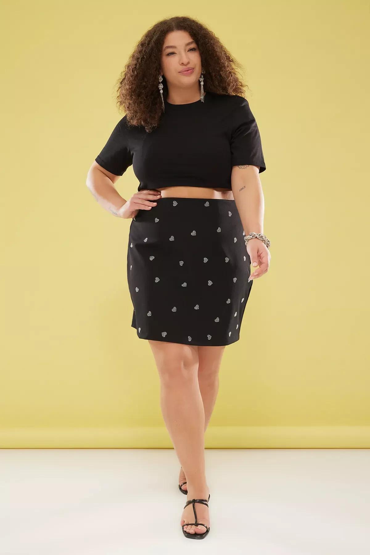 Black Heart Patterned Plus-Size Skirt, , large image number 0