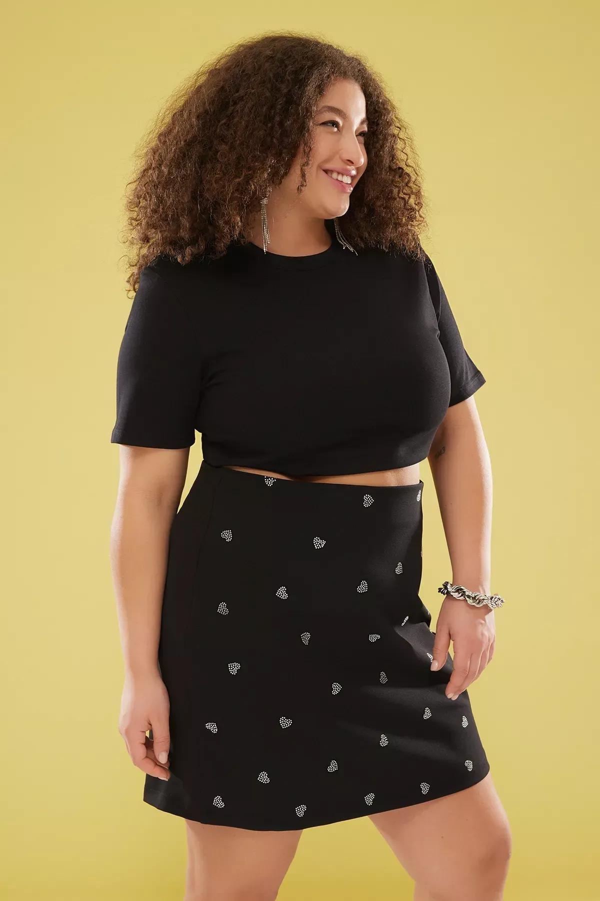 Black Heart Patterned Plus-Size Skirt, , large image number 1