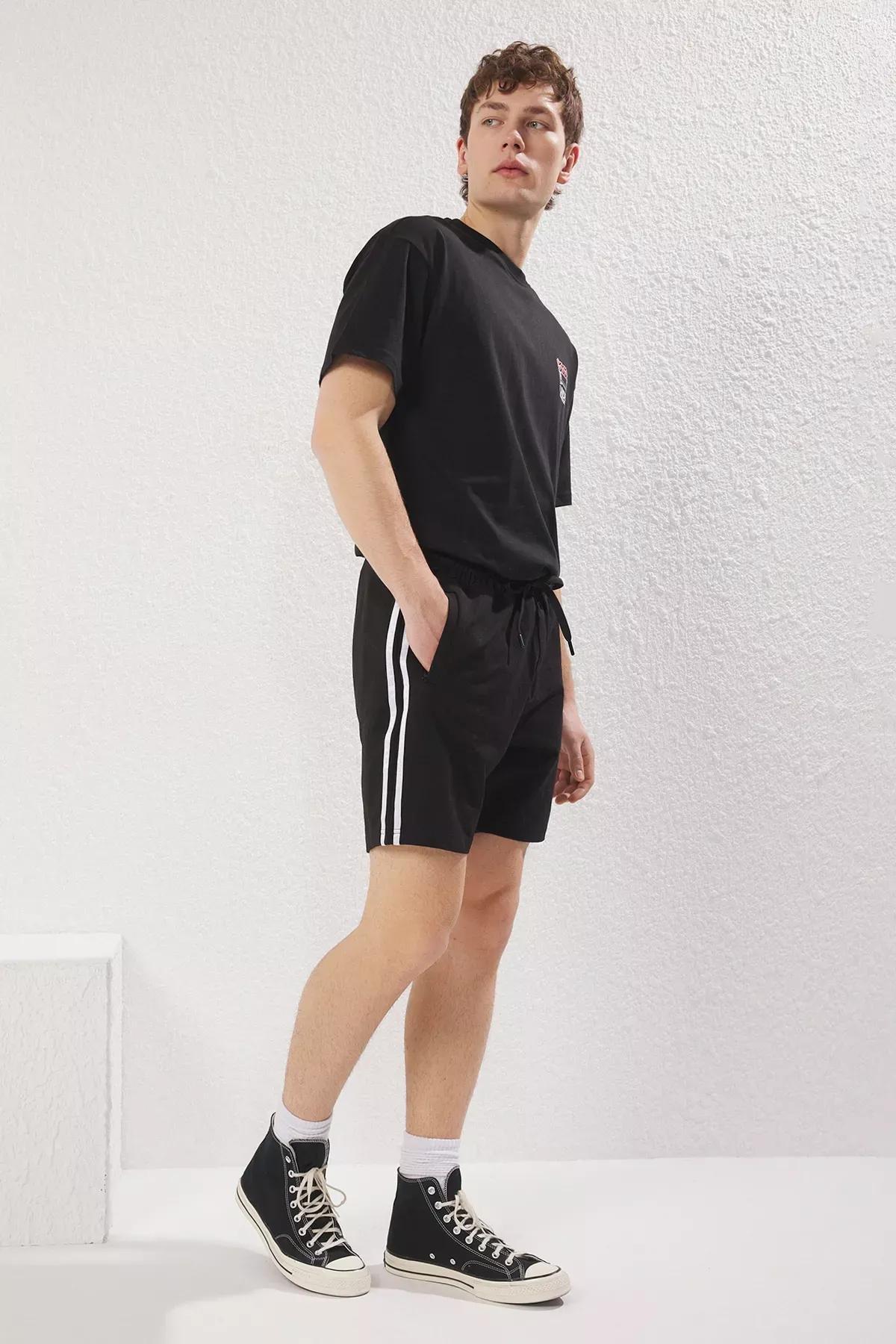 Black Regular Cut Striped Bermuda Shorts, BLACK, large image number 1