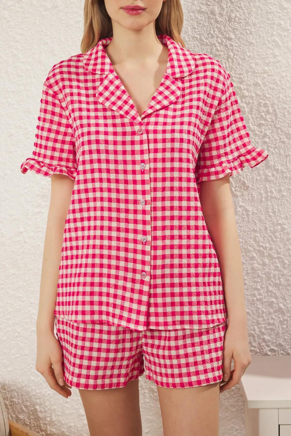 Pink Plaid Frilled Shorts Pajama Set, , large image number 2