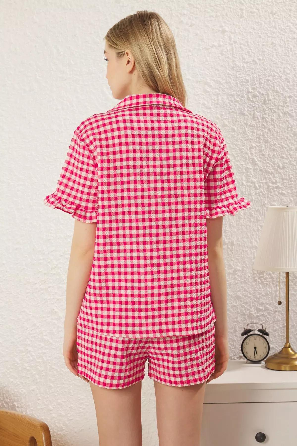 Pink Plaid Frilled Shorts Pajama Set, , large image number 4