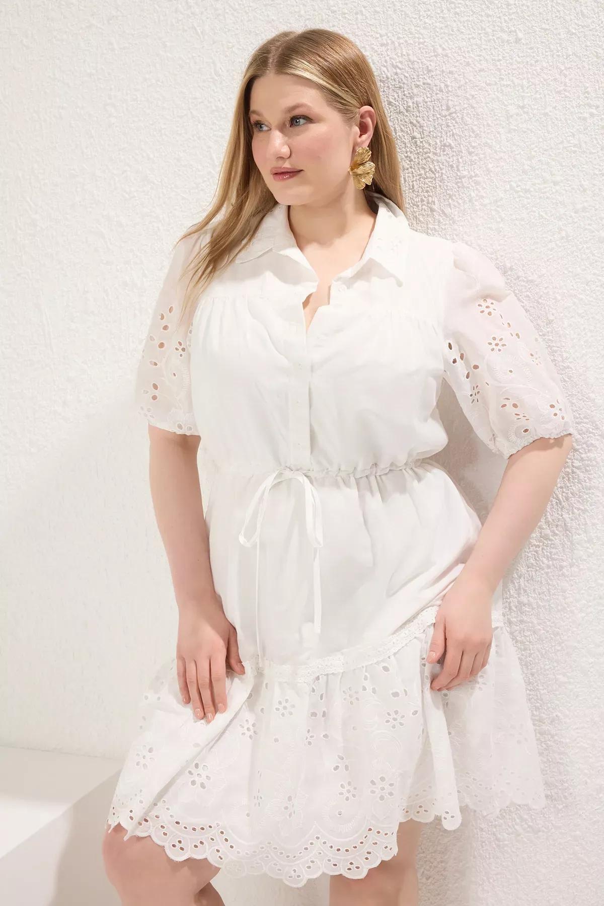 White Balloon Sleeve A-Line Midi Woven Plus Size Dress TBBSS25AH00102, White, large image number 1