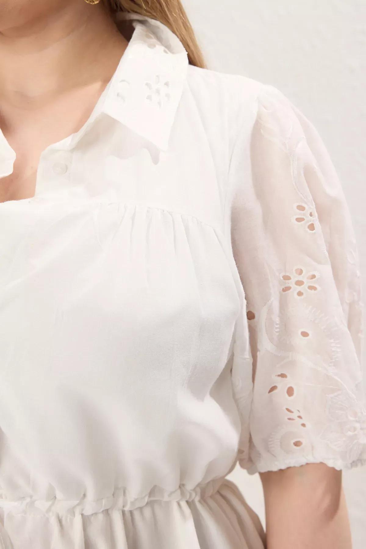 White Balloon Sleeve A-Line Midi Woven Plus Size Dress TBBSS25AH00102, White, large image number 2