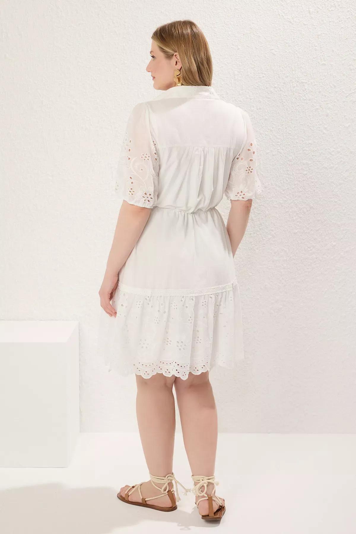 White Balloon Sleeve A-Line Midi Woven Plus Size Dress TBBSS25AH00102, White, large image number 3