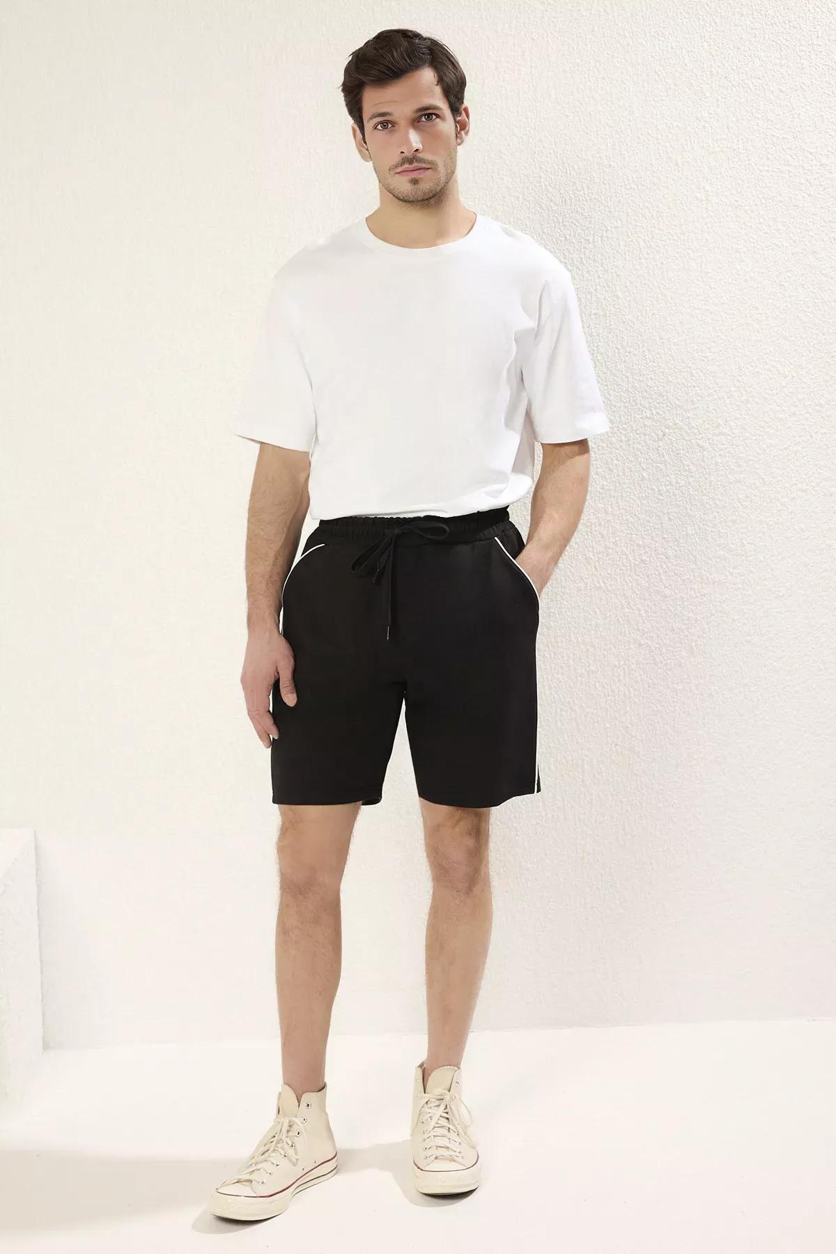 Black Regular Cut Piping Shorts, BLACK, large image number 1