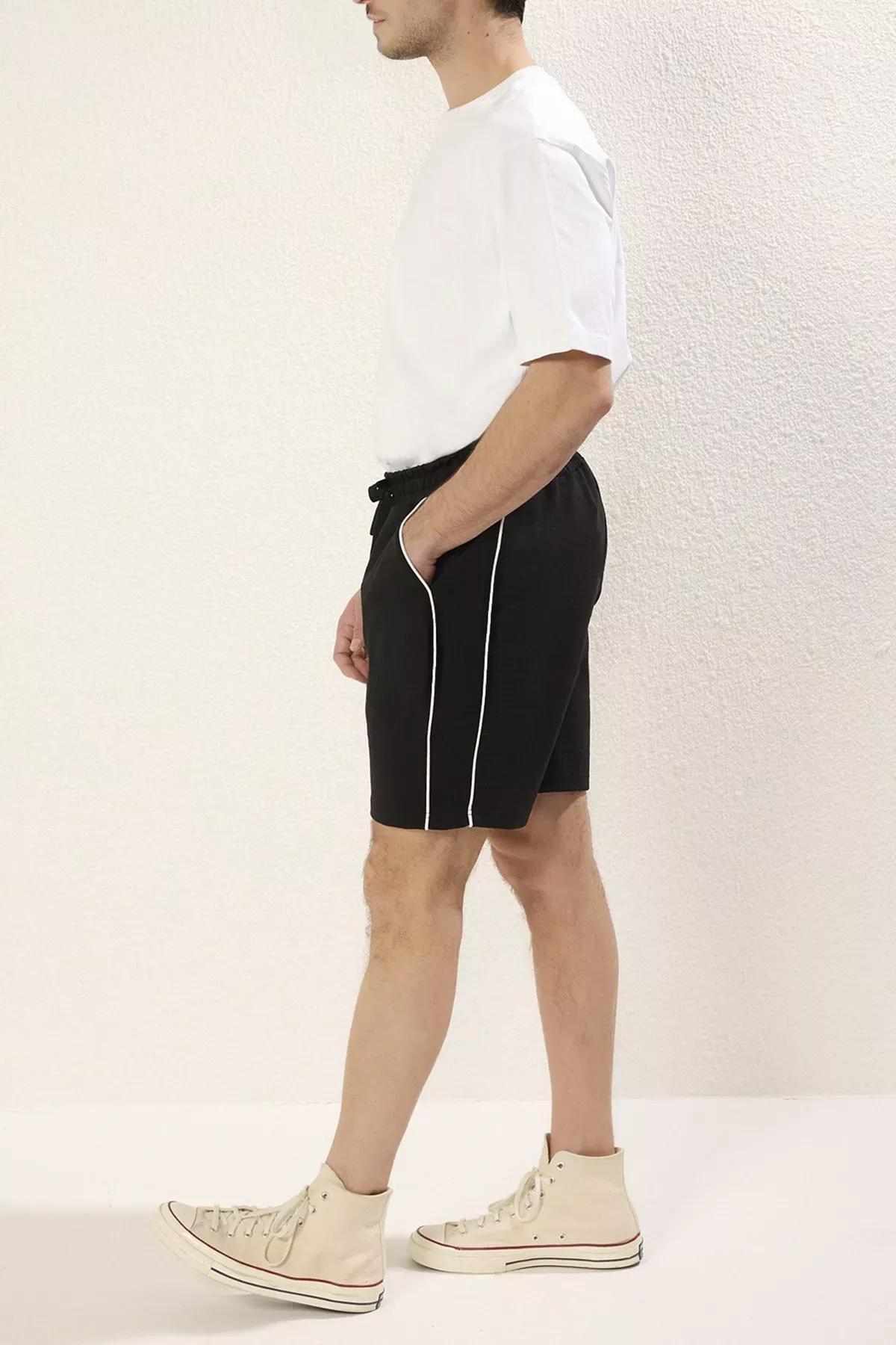 Black Regular Cut Piping Shorts, BLACK, large image number 2