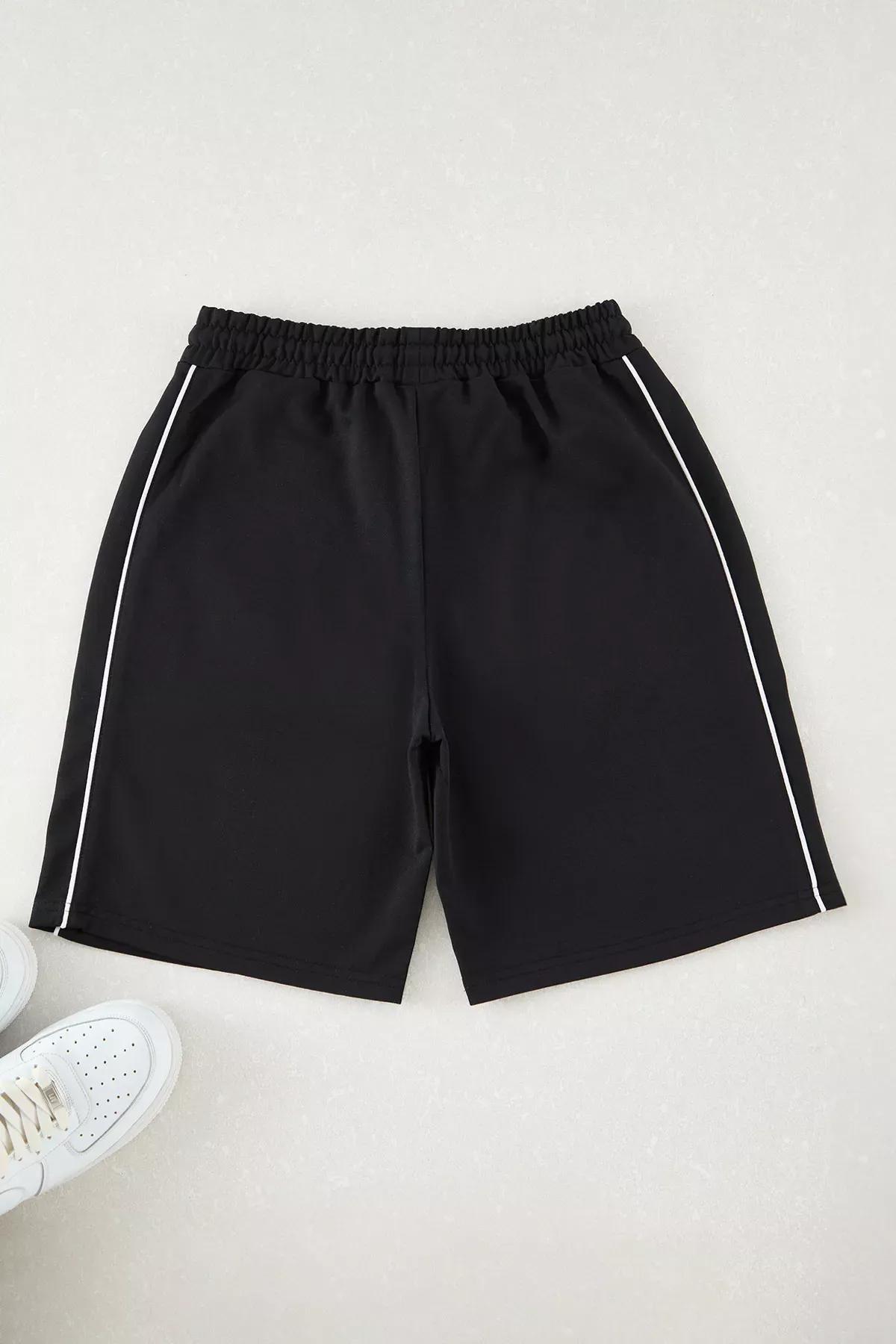 Black Regular Cut Piping Shorts, BLACK, large image number 6