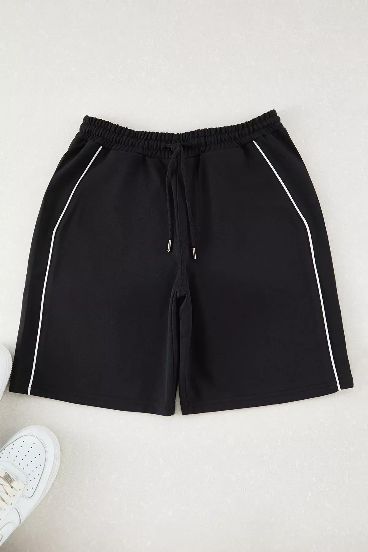 Black Regular Cut Piping Shorts, BLACK, large image number 7