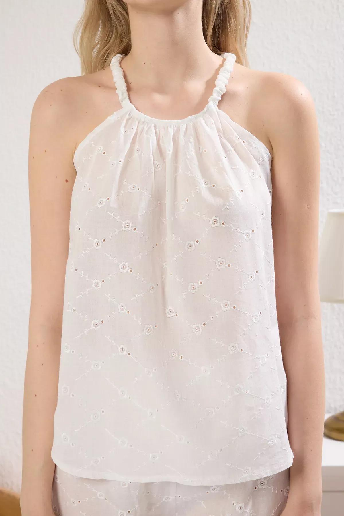 White Floral Embroidered Pajama Set, White, large image number 3