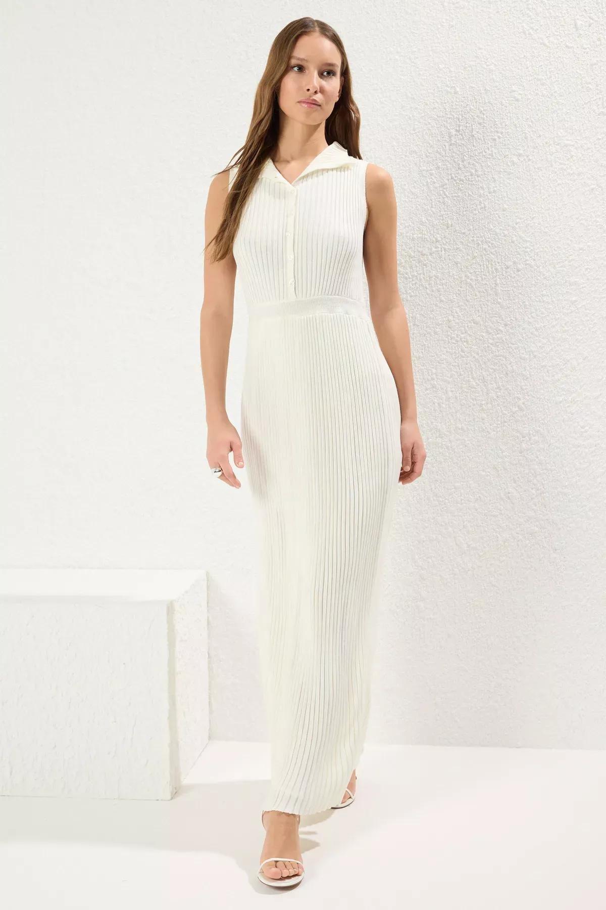 White Belt Detail Ribbed Knit Dress, Bone, large image number 0