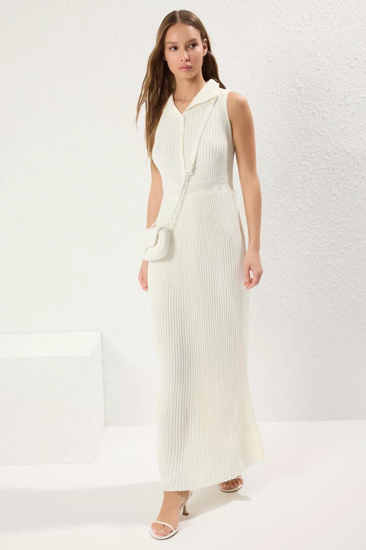 White Belt Detail Ribbed Knit Dress, Bone, large image number 1