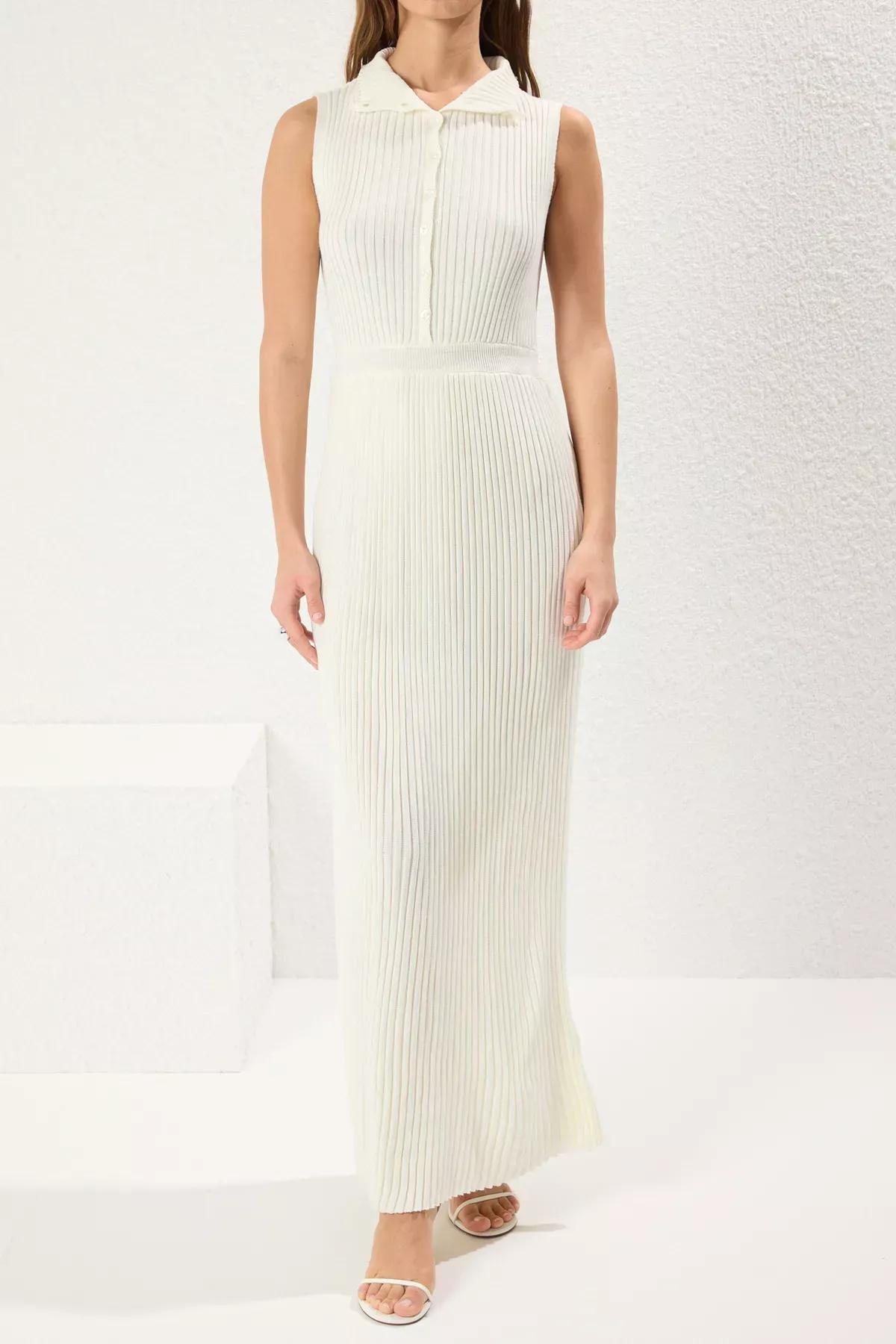 White Belt Detail Ribbed Knit Dress, Bone, large image number 2