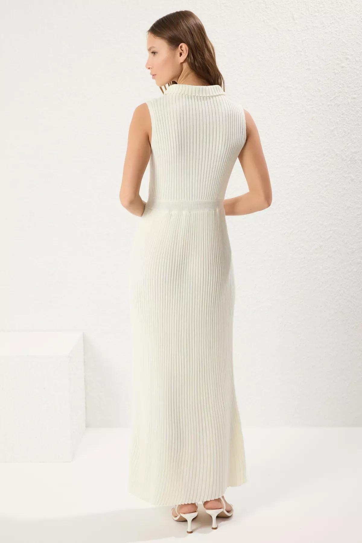 White Belt Detail Ribbed Knit Dress, Bone, large image number 4