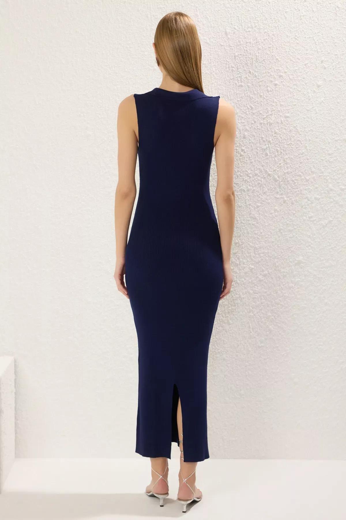 Navy Plain Midi Polo Neck Dress, Dark Navyblue, large image number 3