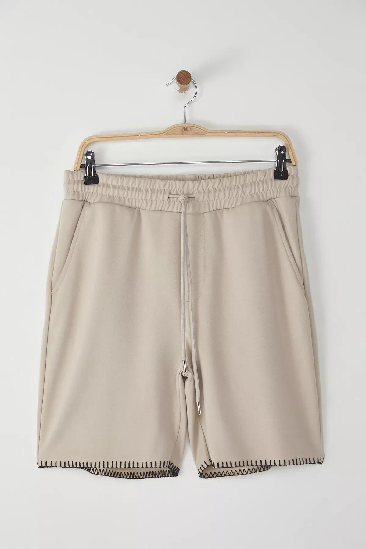 Beige Stitching Detail Shorts, , large image number 0