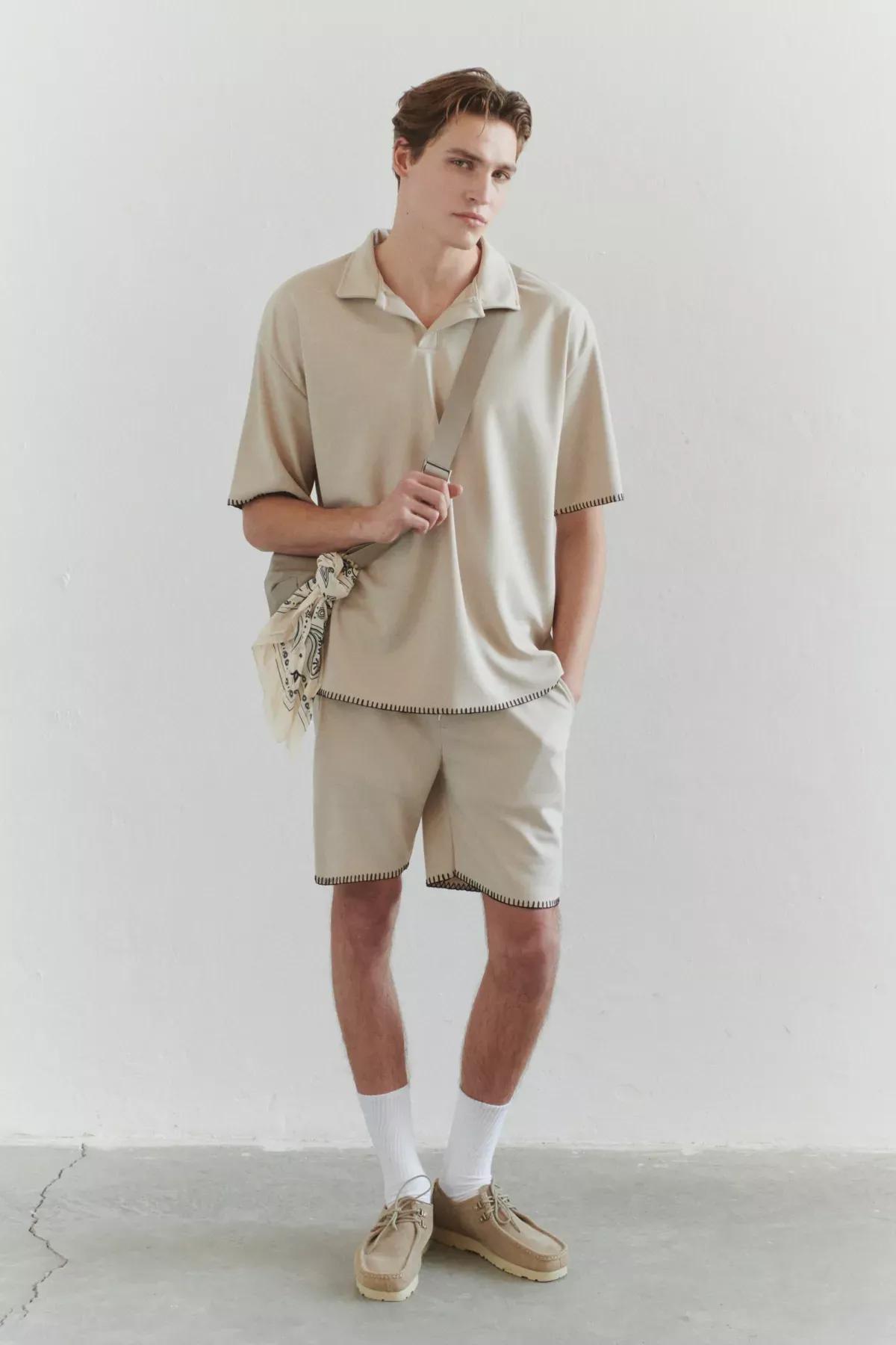 Beige Stitching Detail Shorts, , large image number 1