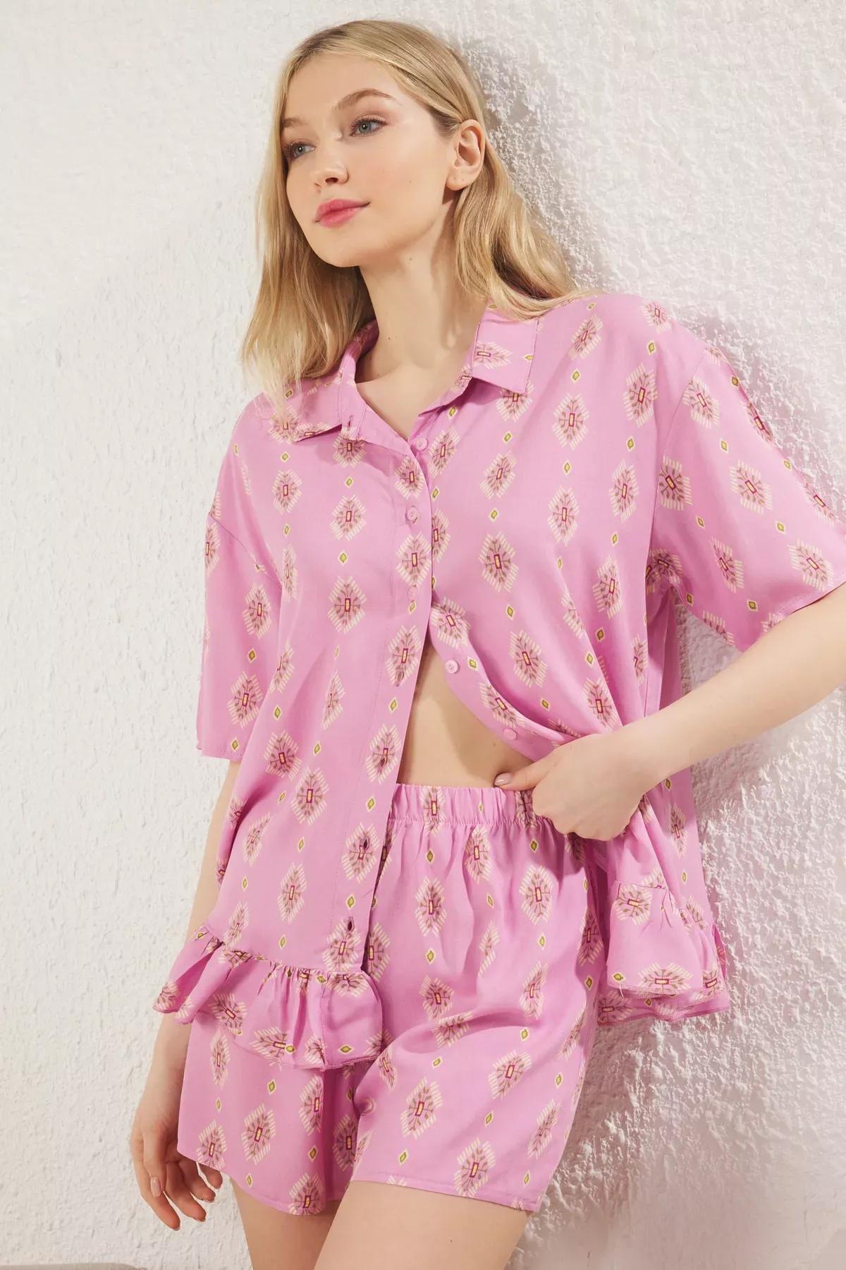 Pink Ethnic Patterned Pajama Set with Frilled Shorts, C101_7329, large image number 1