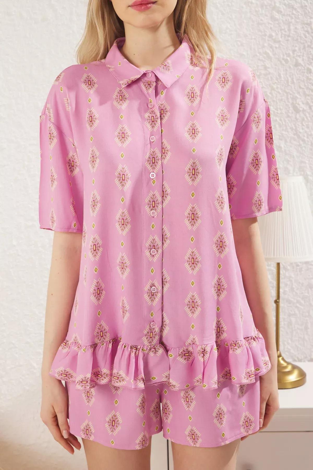 Pink Ethnic Patterned Pajama Set with Frilled Shorts, C101_7329, large image number 3