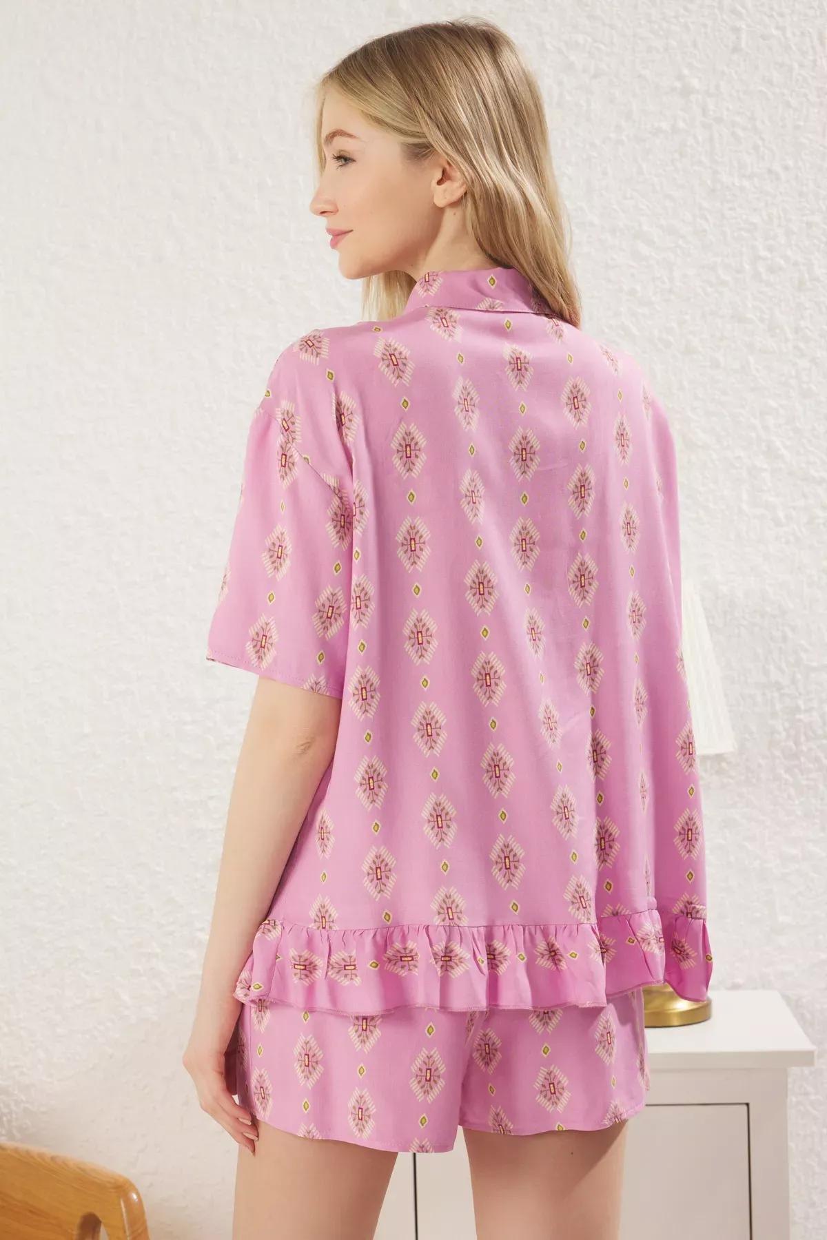Pink Ethnic Patterned Pajama Set with Frilled Shorts, C101_7329, large image number 4