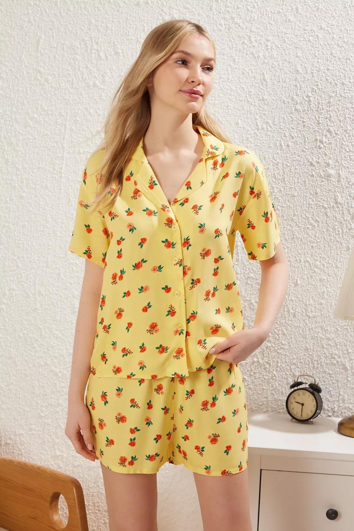 Yellow Floral Slit Shorts Pajama Set, C101_7287, large image number 0