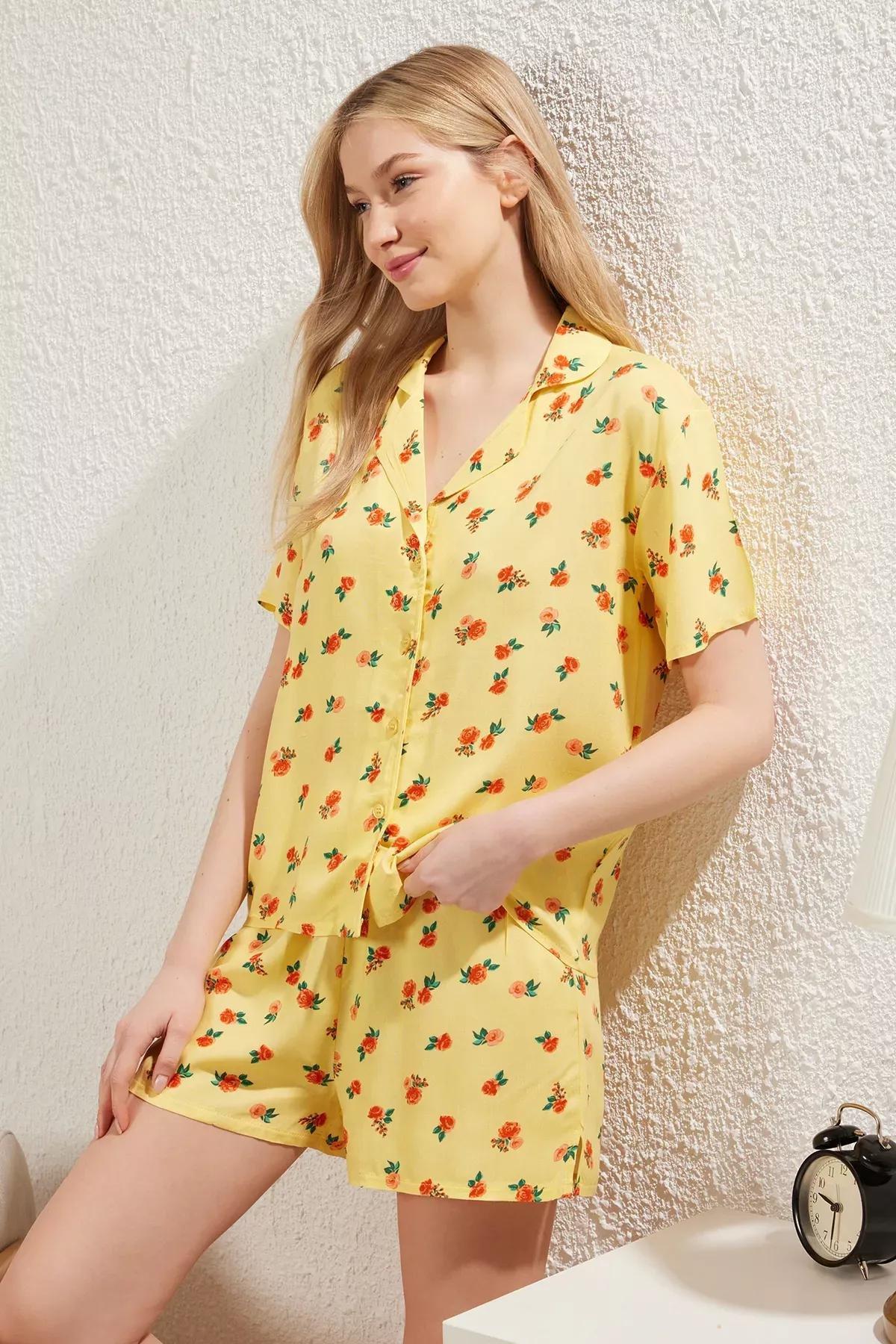 Yellow Floral Slit Shorts Pajama Set, C101_7287, large image number 1