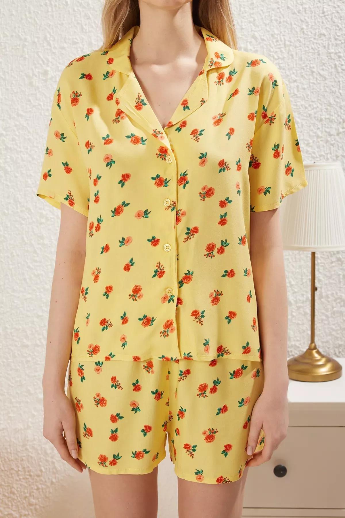 Yellow Floral Slit Shorts Pajama Set, C101_7287, large image number 2