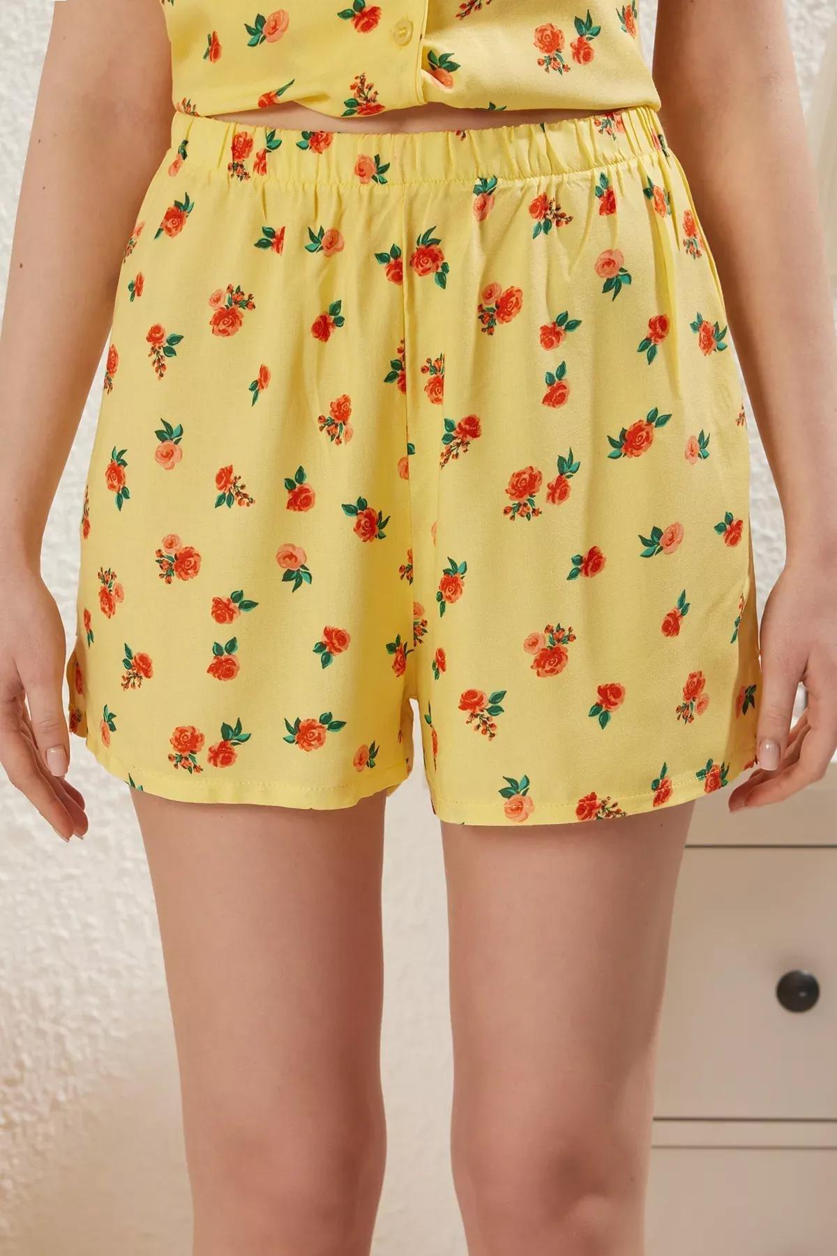 Yellow Floral Slit Shorts Pajama Set, C101_7287, large image number 3