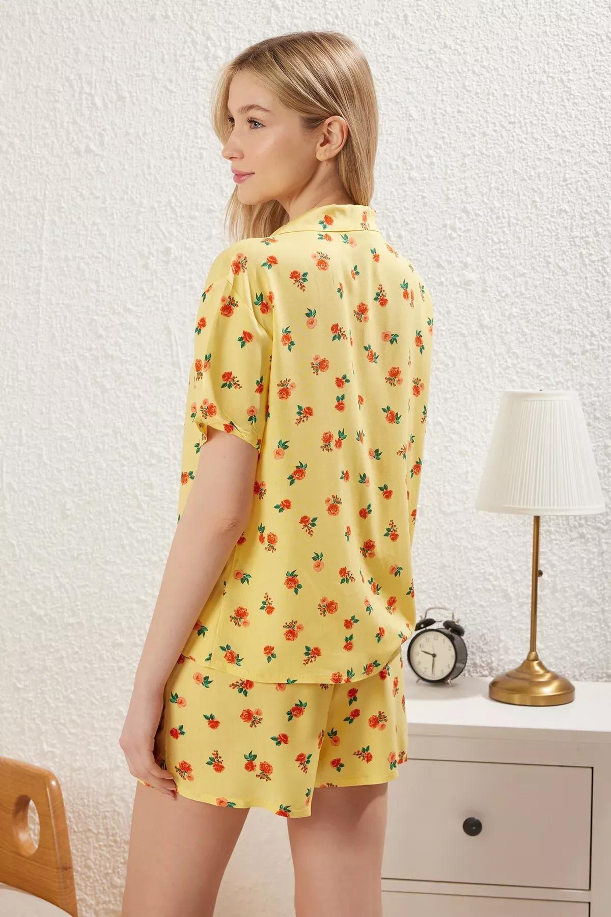 Yellow Floral Slit Shorts Pajama Set, C101_7287, large image number 4