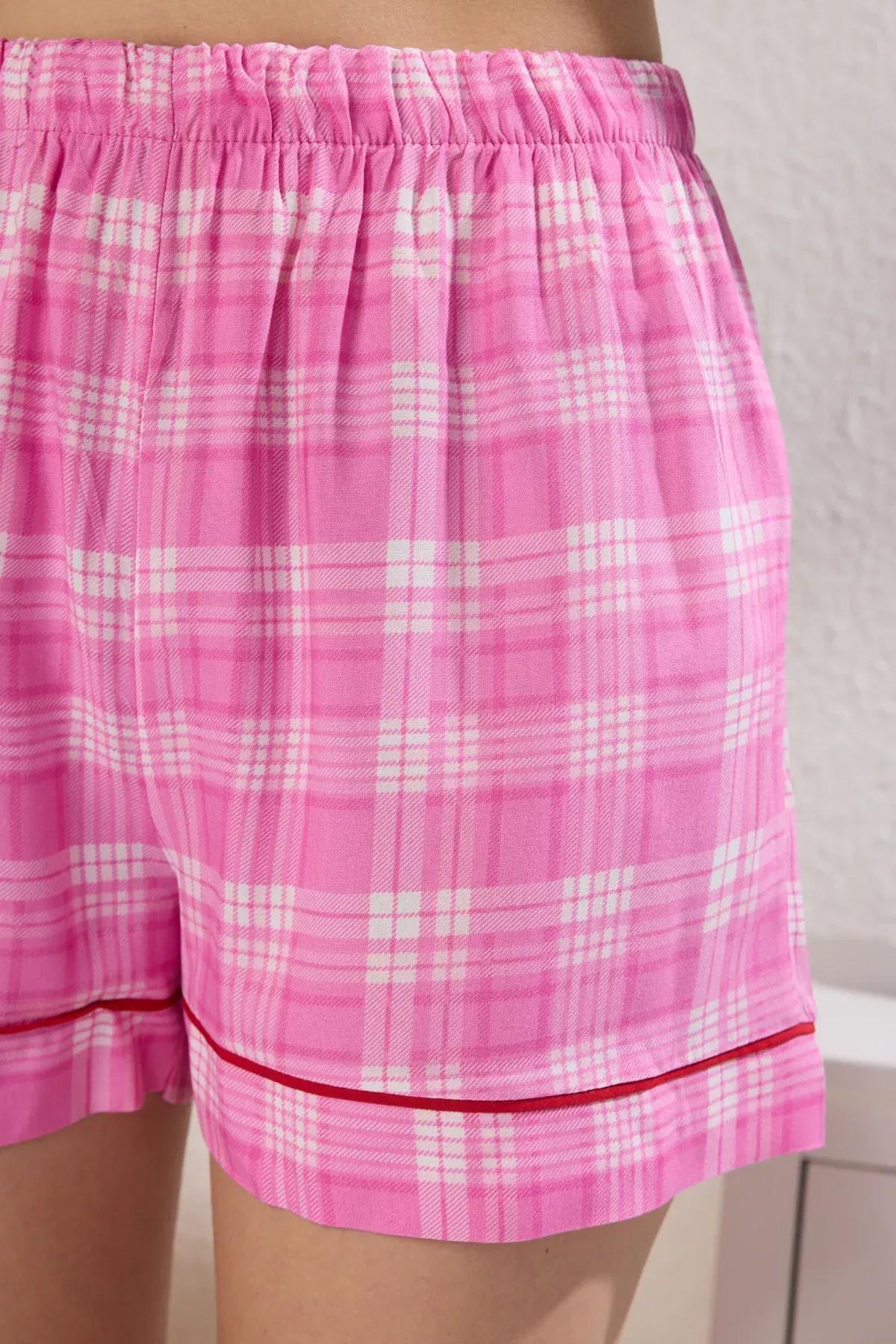Pink Plaid Woven Pajama Set with Shorts, Pink, large image number 2