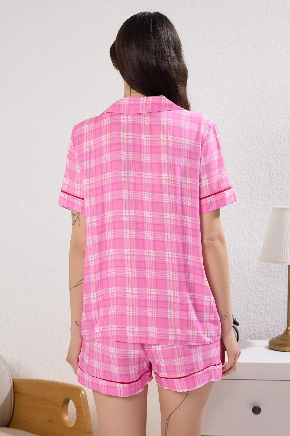Pink Plaid Woven Pajama Set with Shorts, Pink, large image number 3