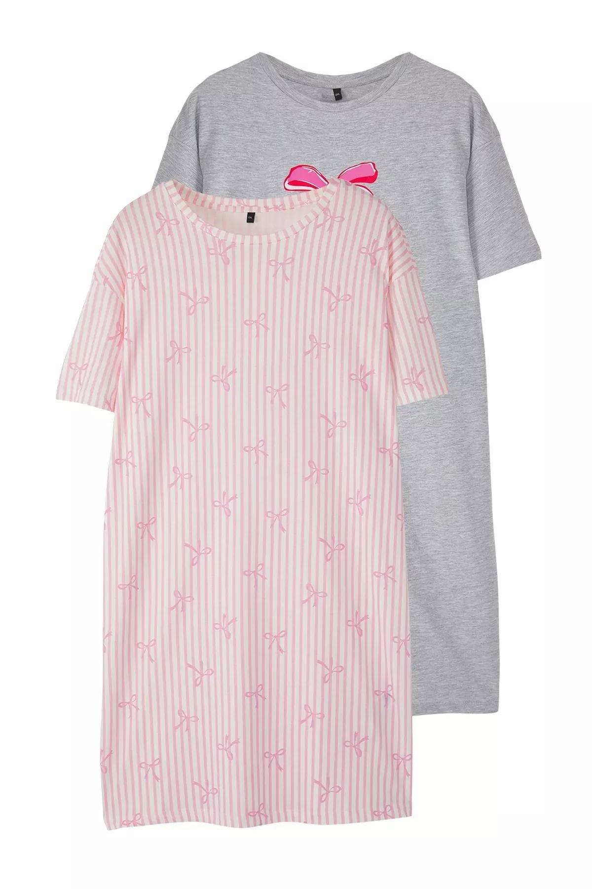 Grey-Pink Ribbon Nightgown Set, , large image number 0