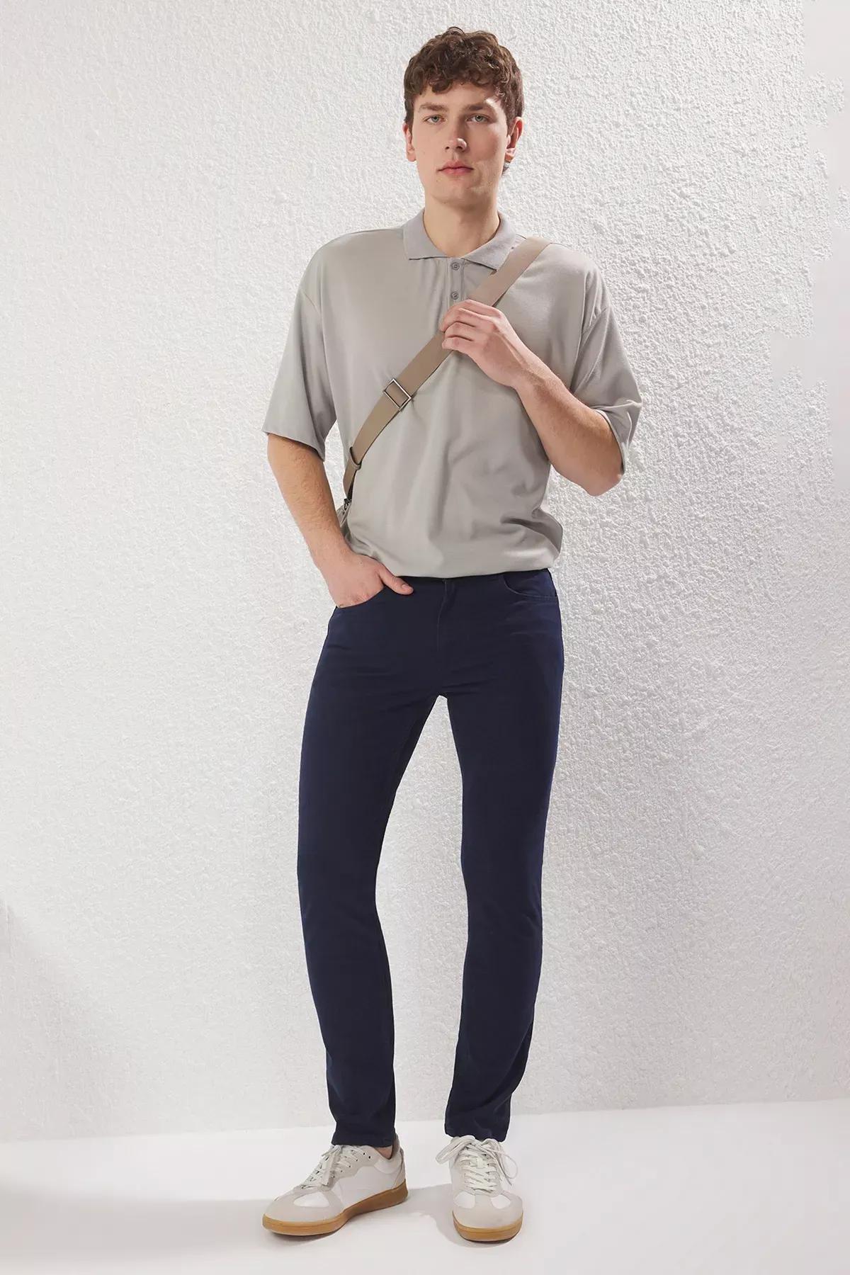 Blue Slim Fit Gabardine Trousers, , large image number 0