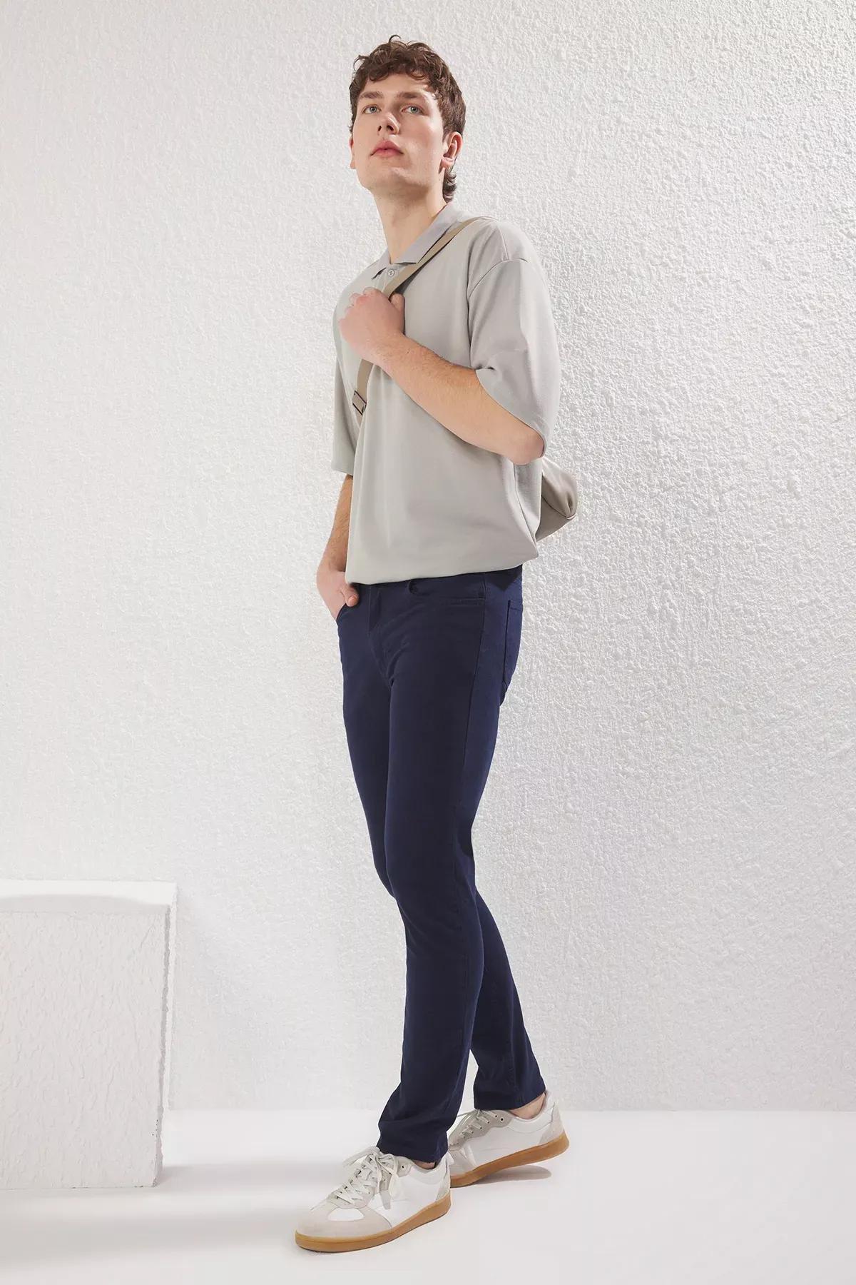 Blue Slim Fit Gabardine Trousers, , large image number 1