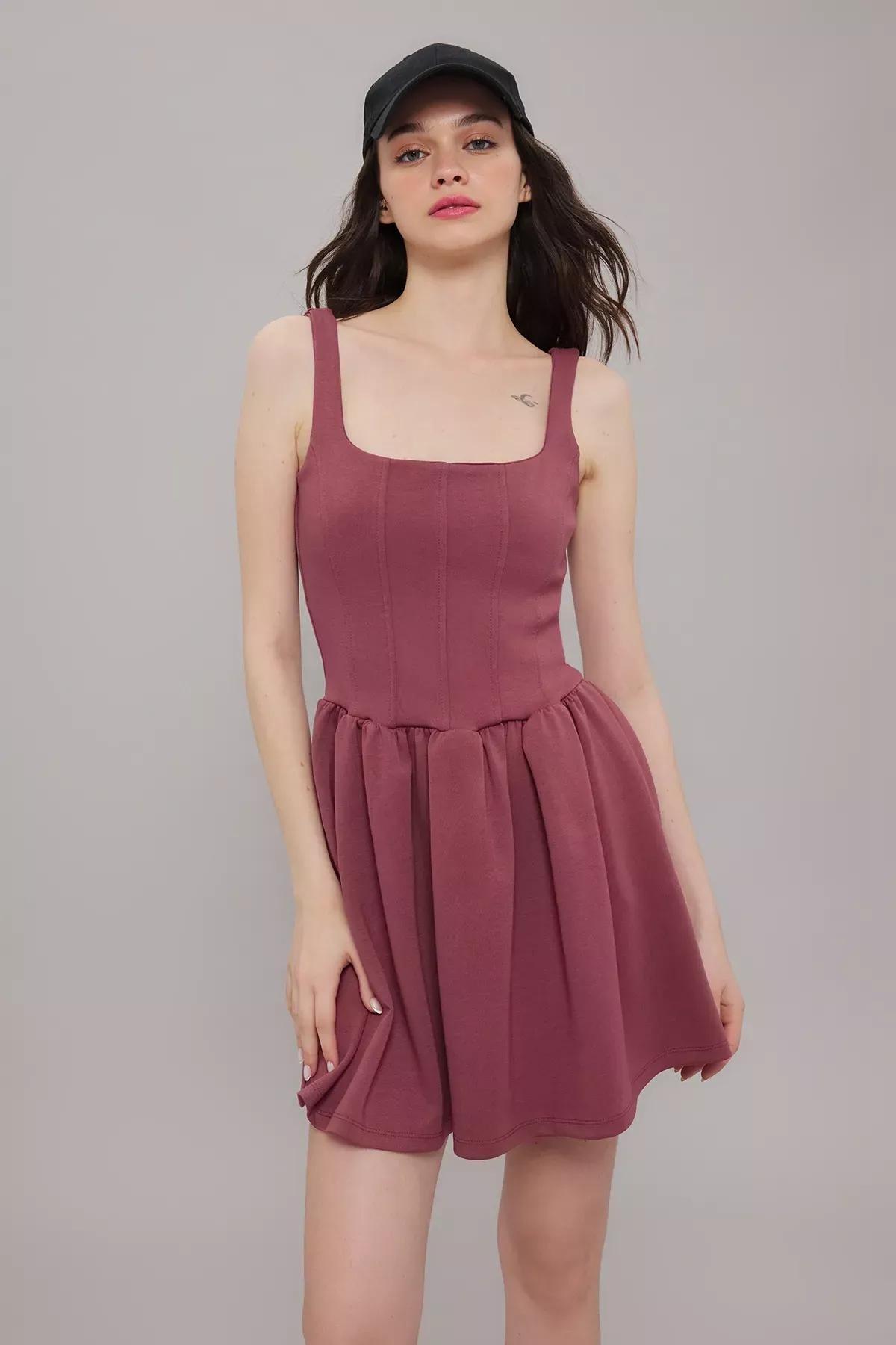 Pink Square Neck Skater Mini Knit Dress, Dried rose, large image number 1