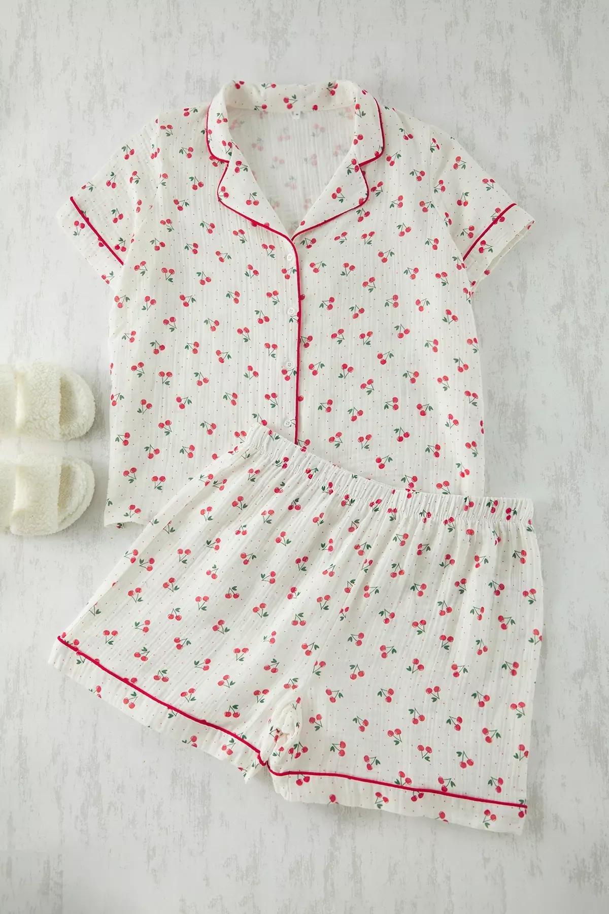 Beige Patterned Muslin Woven Pyjamas Set, , large image number 0