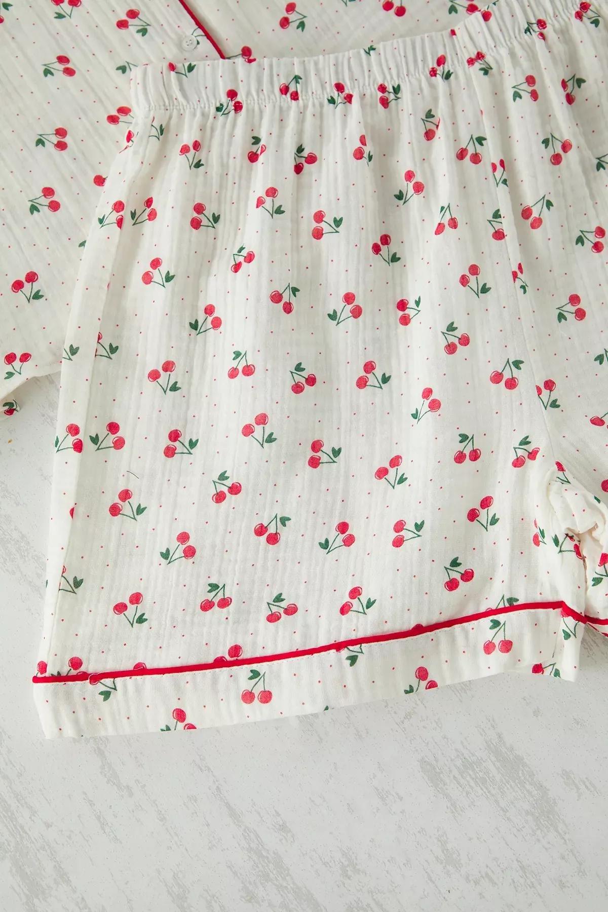 Beige Patterned Muslin Woven Pyjamas Set, , large image number 1