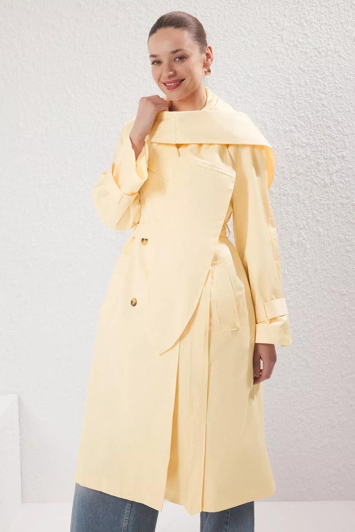 Light Yellow Shawl Collar Double Breasted Oversize Long Trench Coat TWOSS25TR00021, , large image number 0