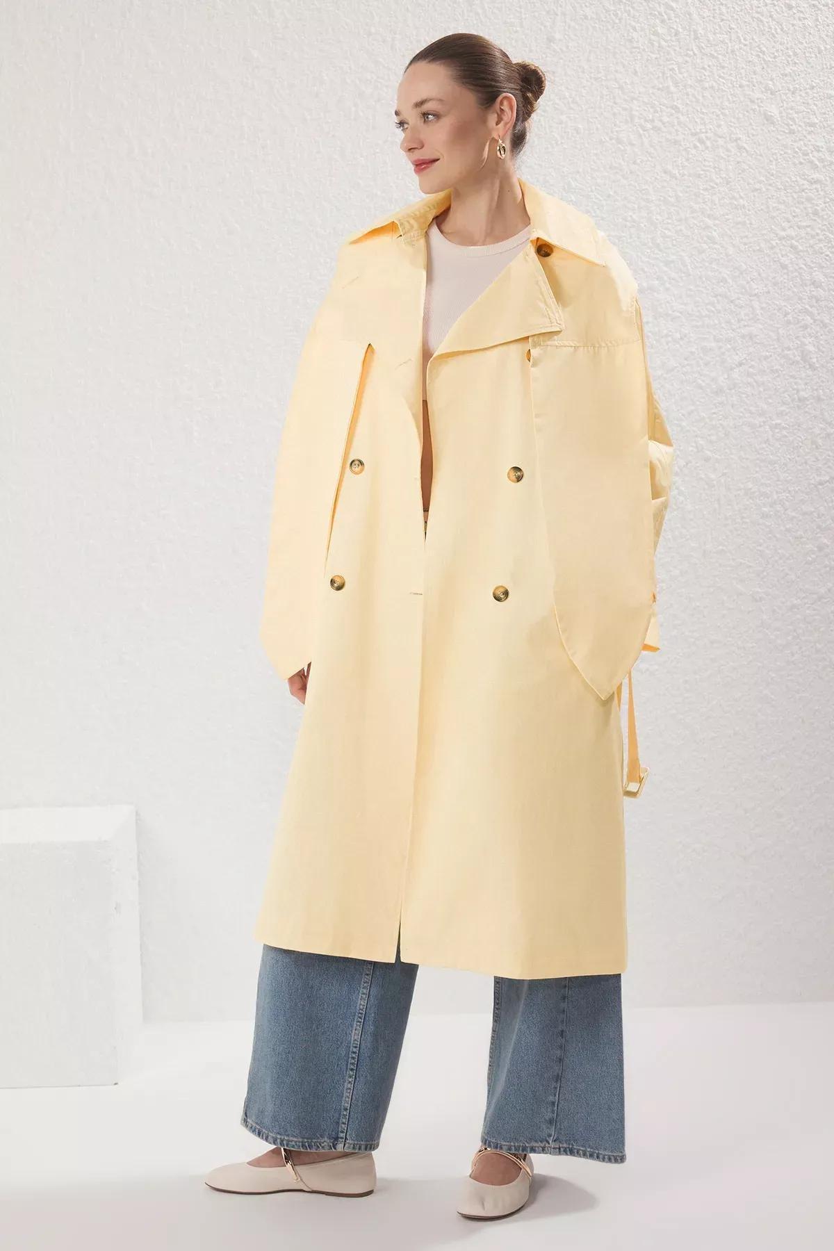 Light Yellow Shawl Collar Double Breasted Oversize Long Trench Coat TWOSS25TR00021, , large image number 1