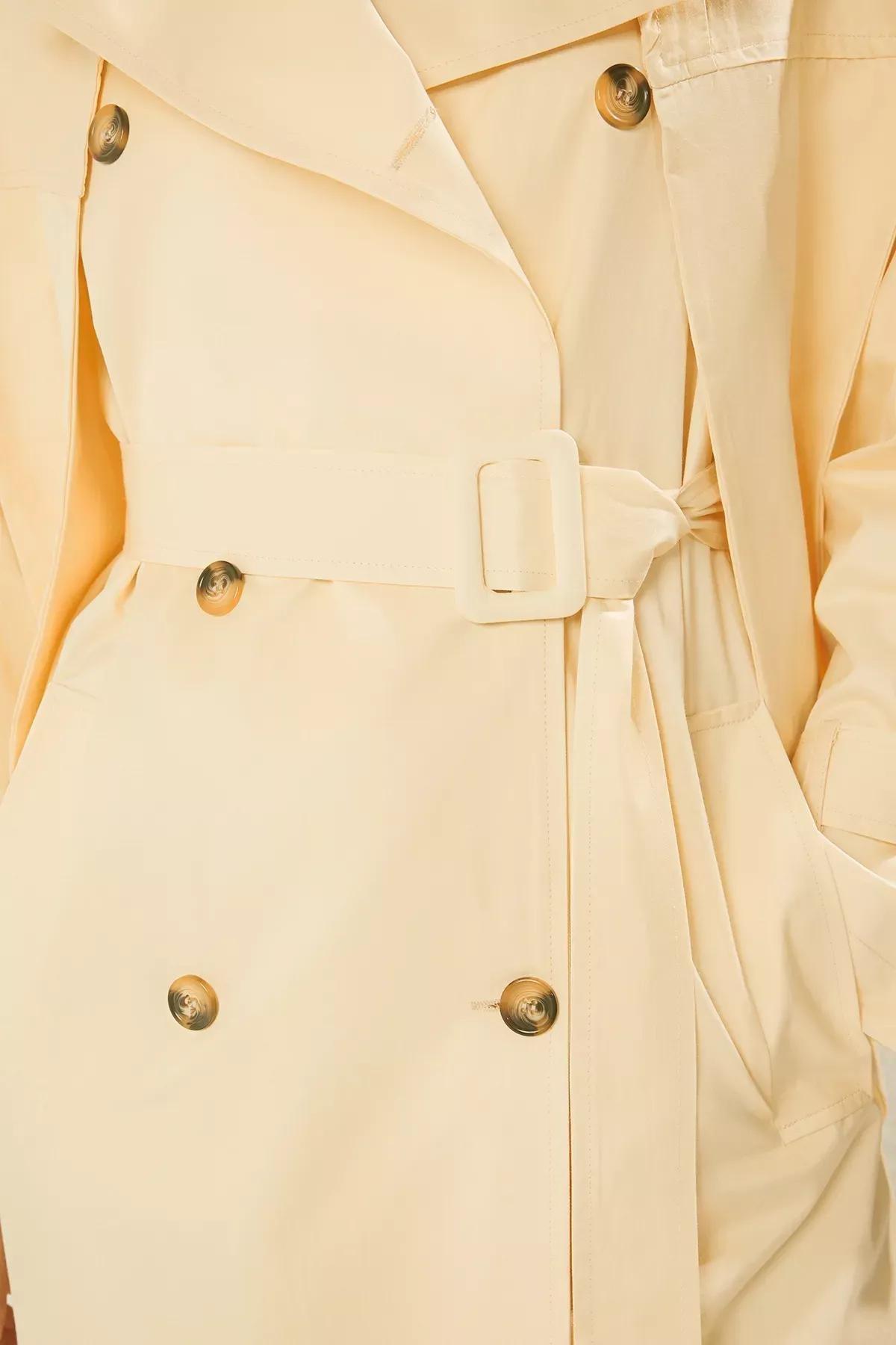 Light Yellow Shawl Collar Double Breasted Oversize Long Trench Coat TWOSS25TR00021, , large image number 2