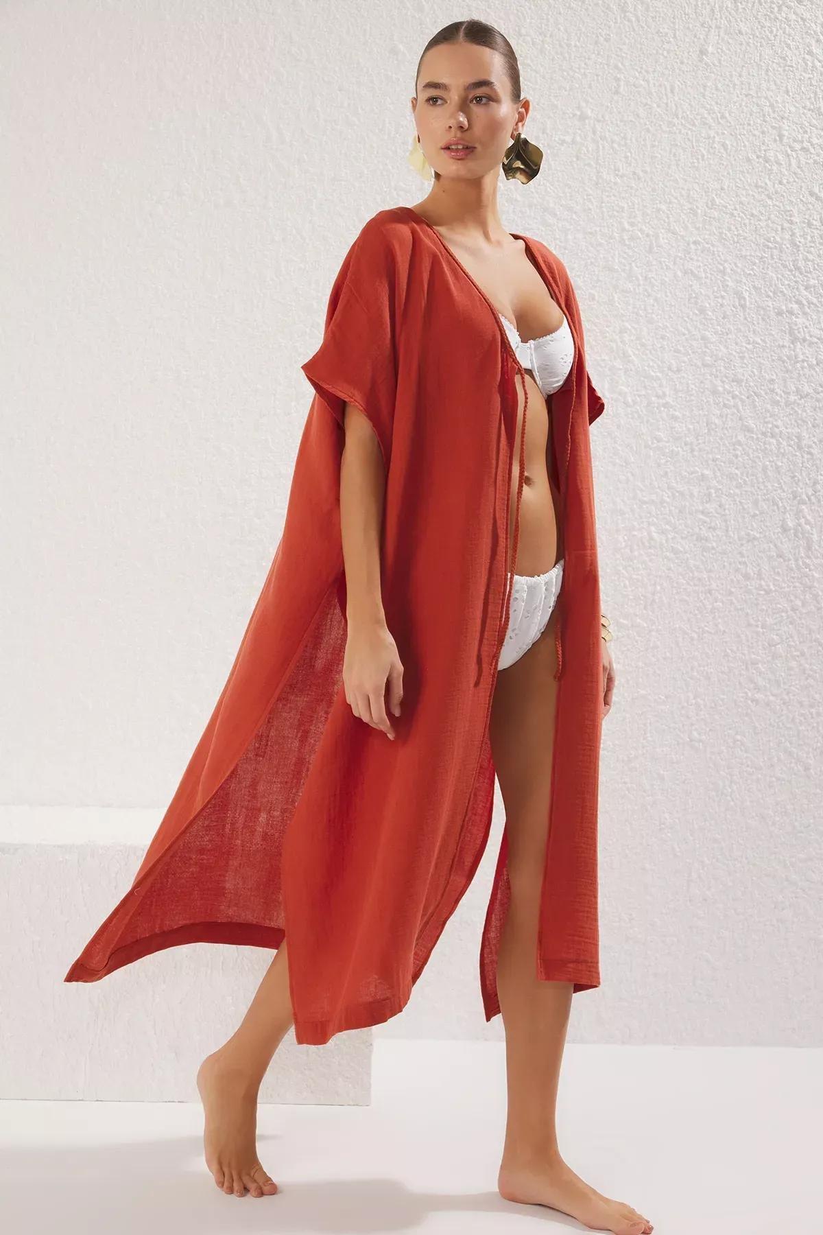 Red Long Beach Kimono, , large image number 1