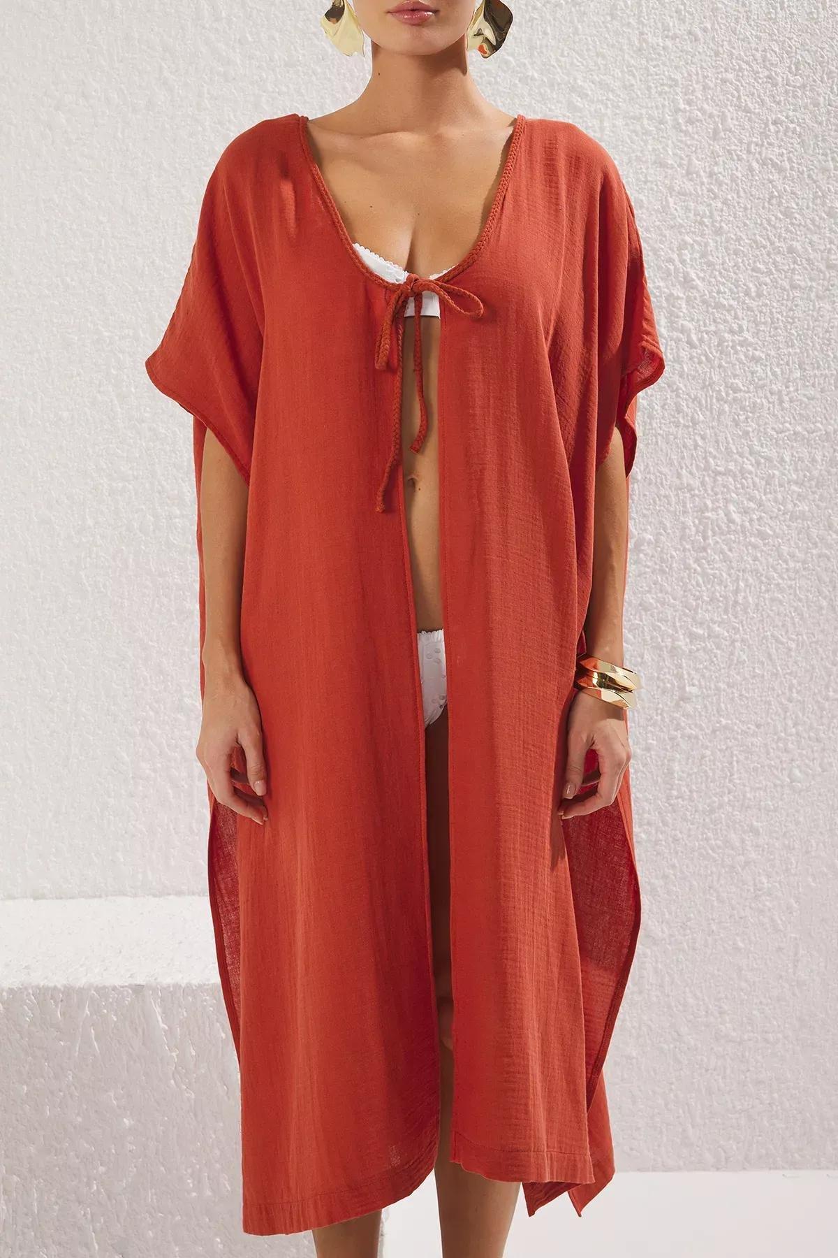 Red Long Beach Kimono, , large image number 3