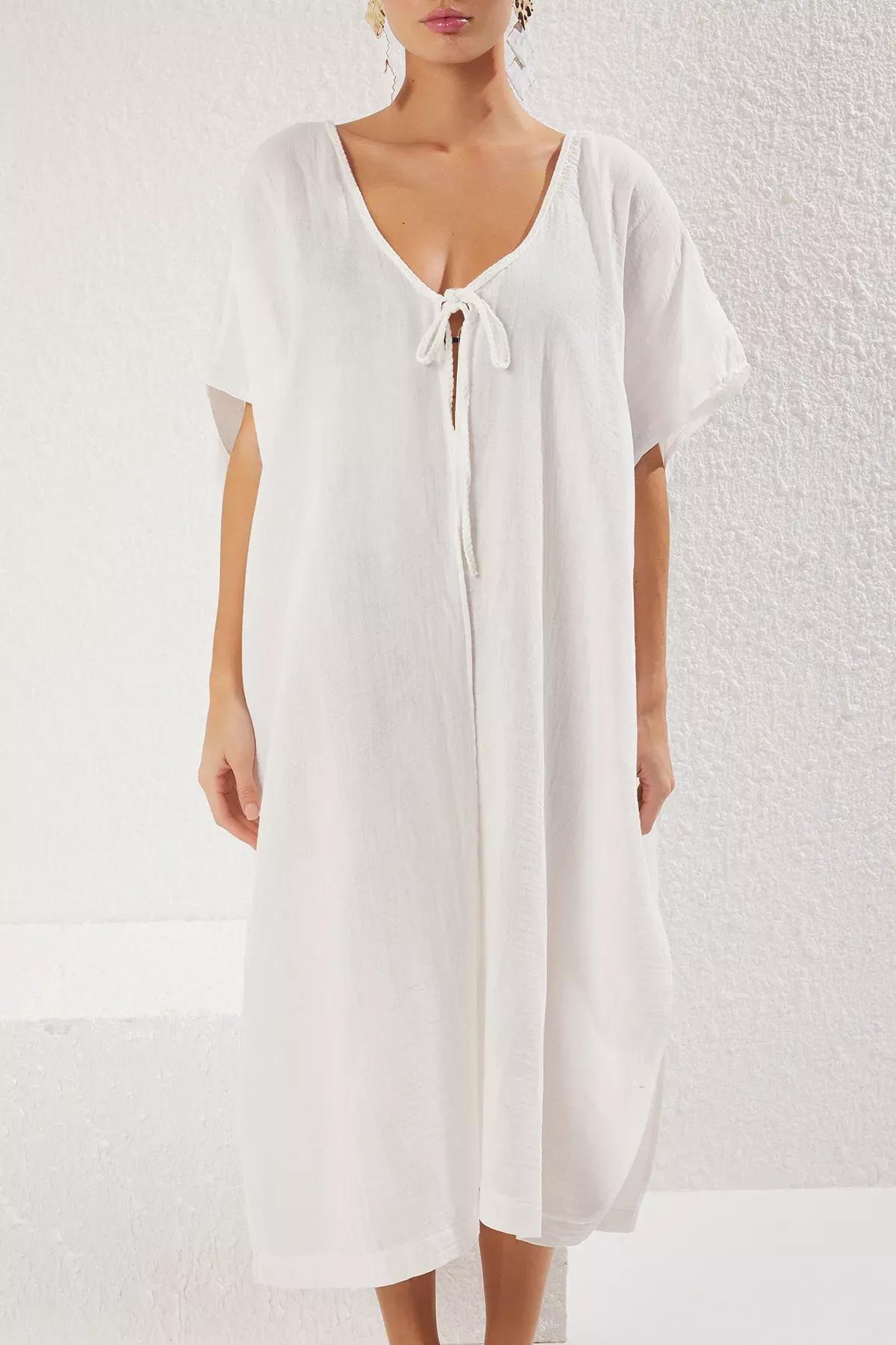 Beige Woven Muslin Long Kimono, , large image number 3