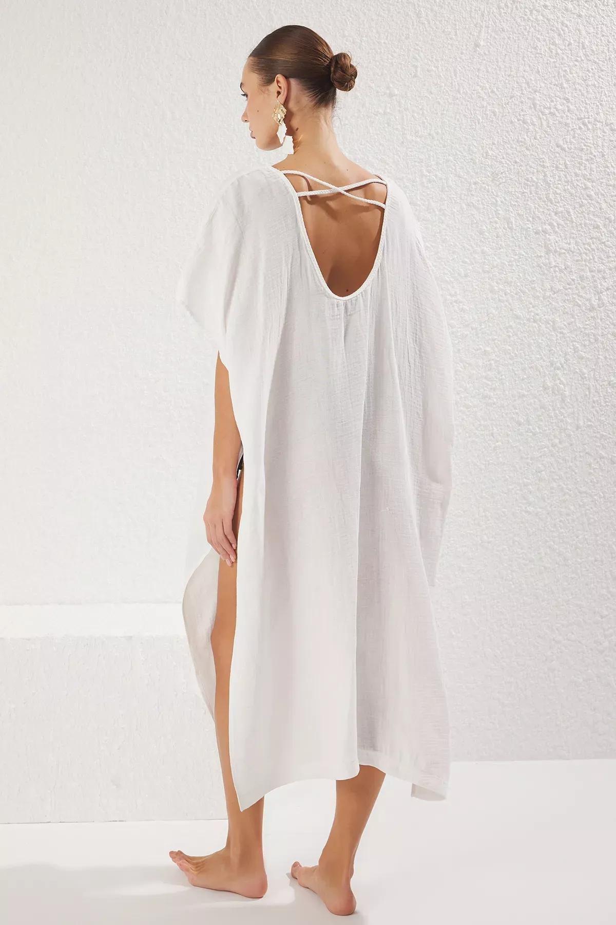 Beige Woven Muslin Long Kimono, , large image number 4