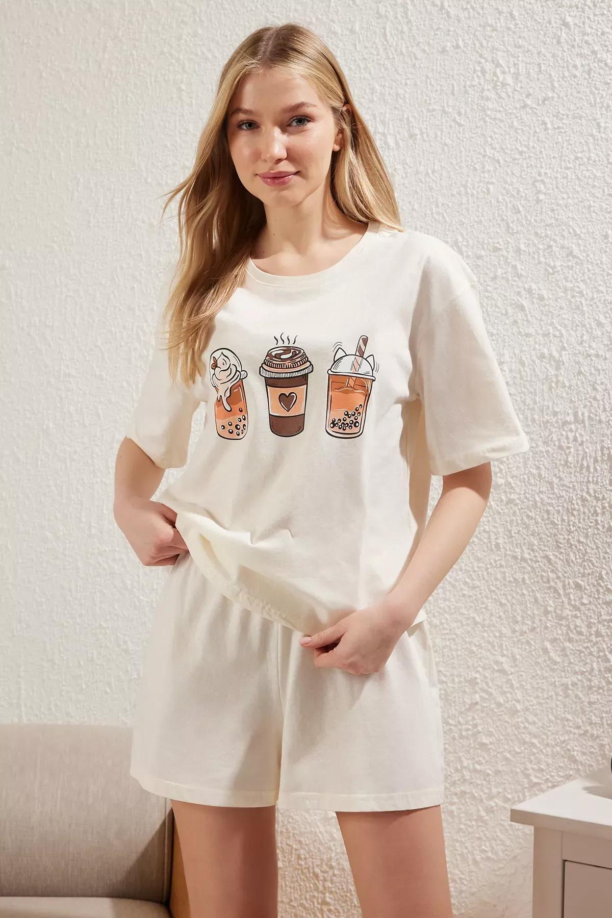 Beige Coffee Printed Pajama Set, , large image number 0
