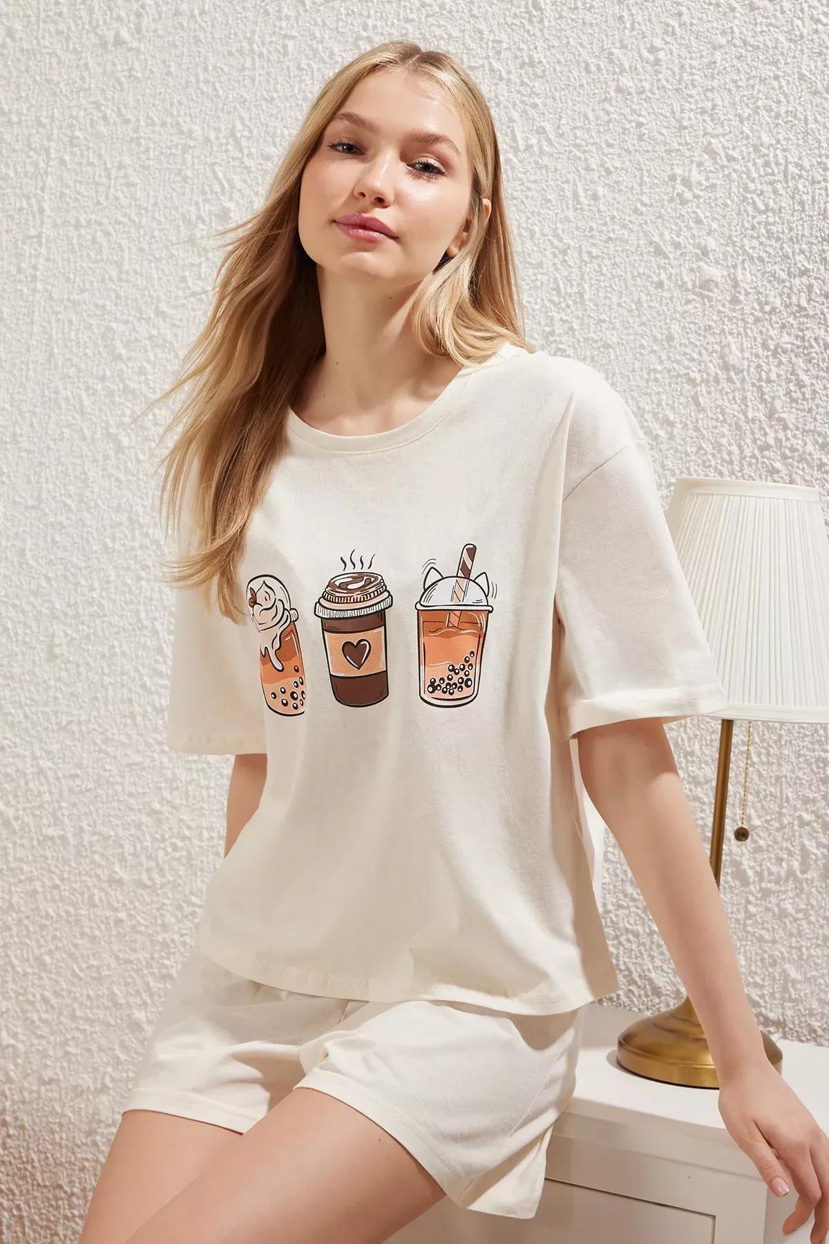 Beige Coffee Printed Pajama Set, , large image number 1