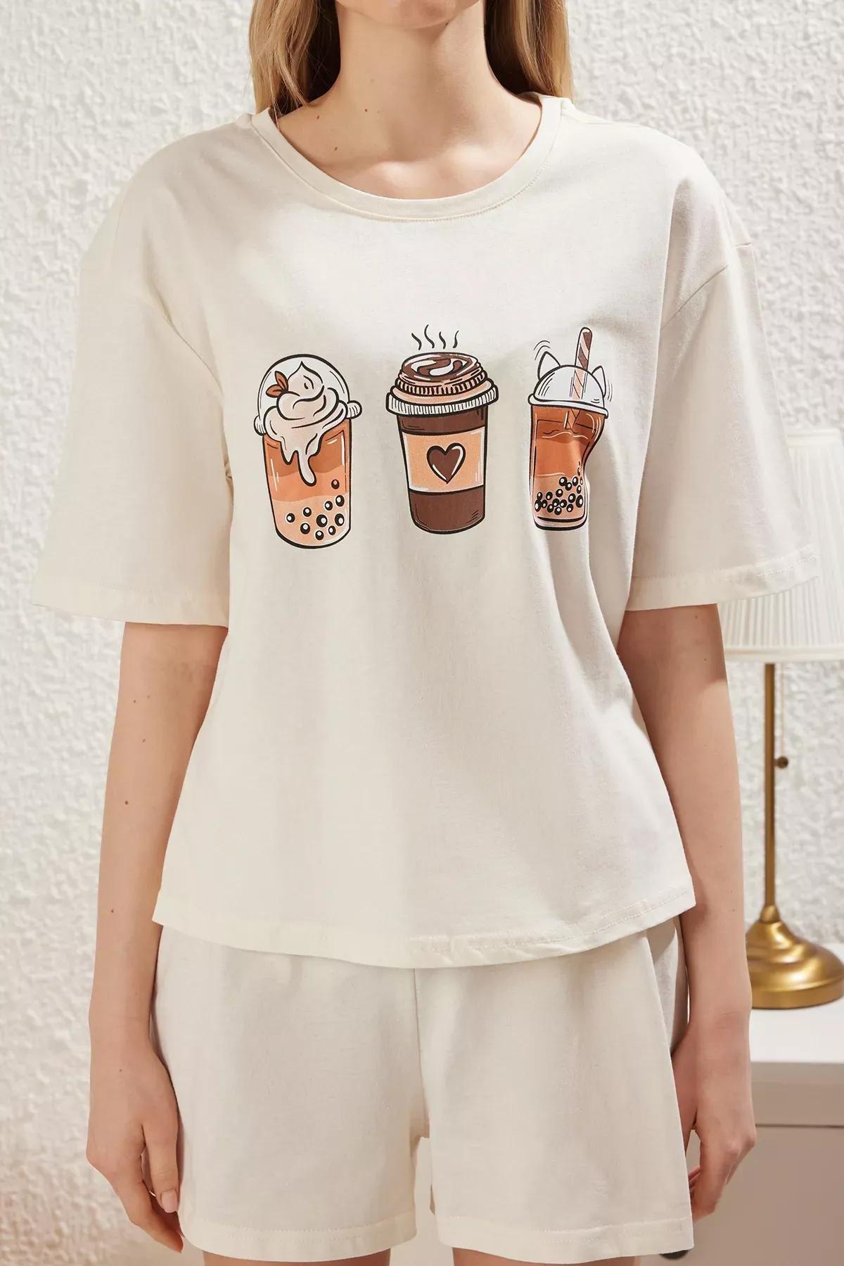 Beige Coffee Printed Pajama Set, , large image number 2