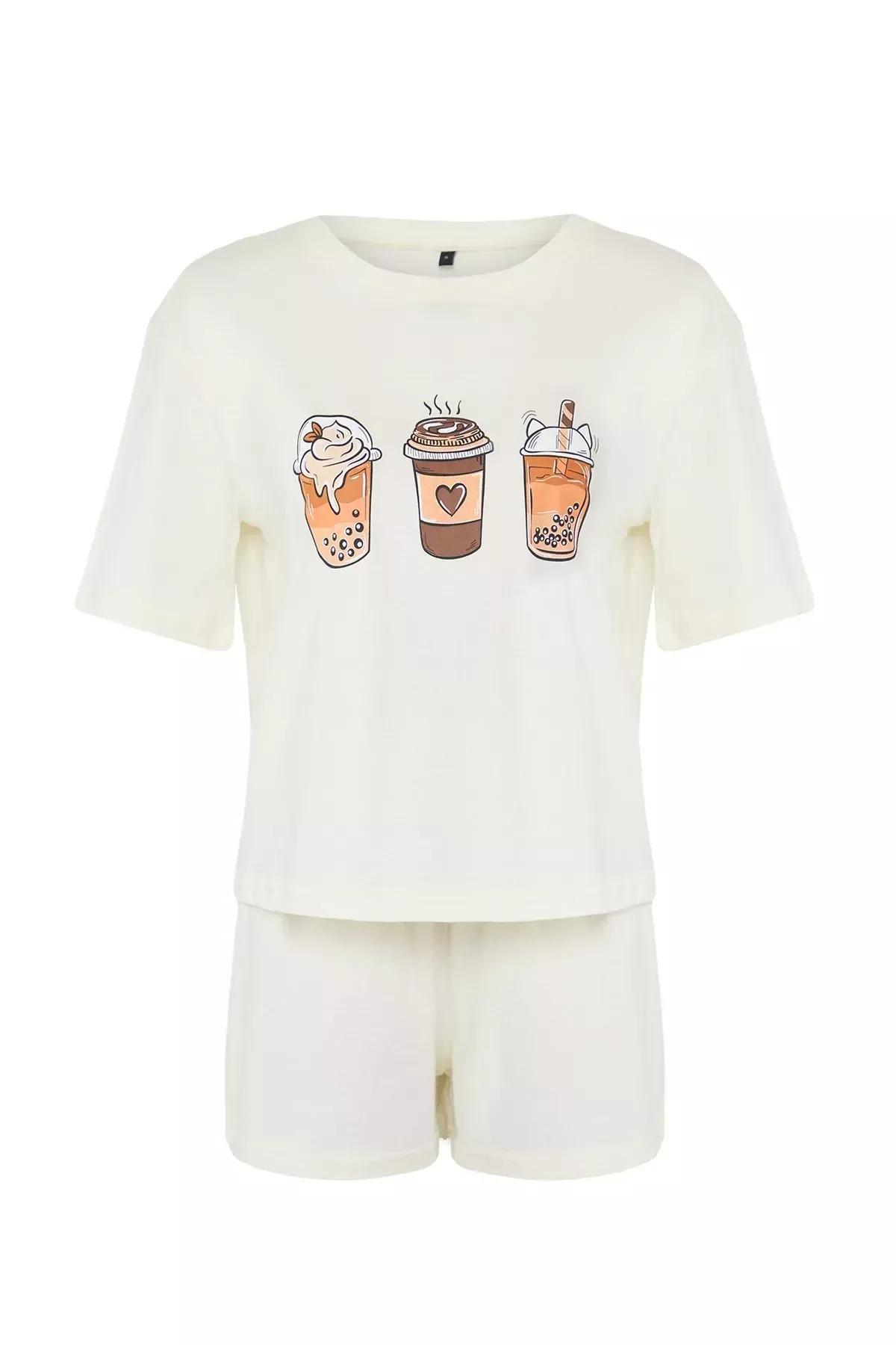 Beige Coffee Printed Pajama Set, Ecru, large image number 5