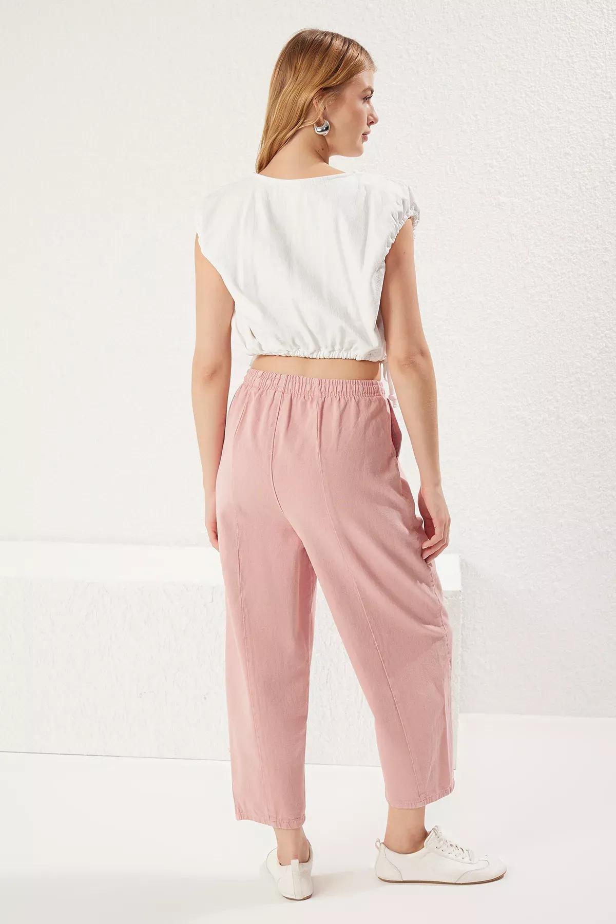 Pink Elastic Waist Slouchy Trousers, Dried rose, large image number 4