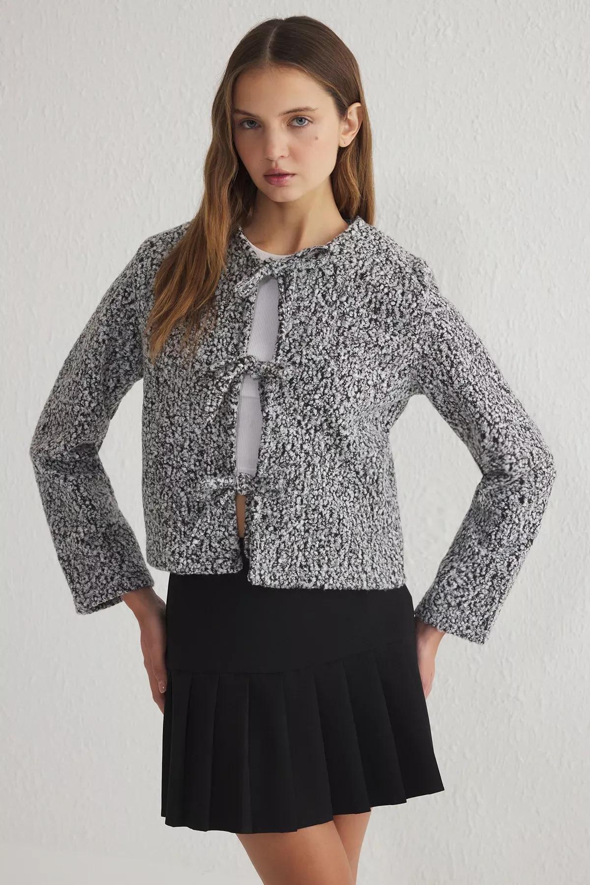 Grey Regular Tie Detailed Boucle Jacket Coat, Grey, large image number 0