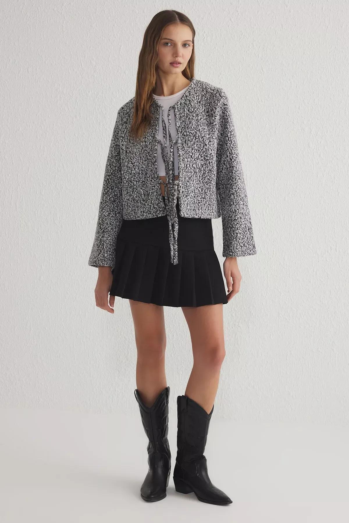 Grey Regular Tie Detailed Boucle Jacket Coat, Grey, large image number 1